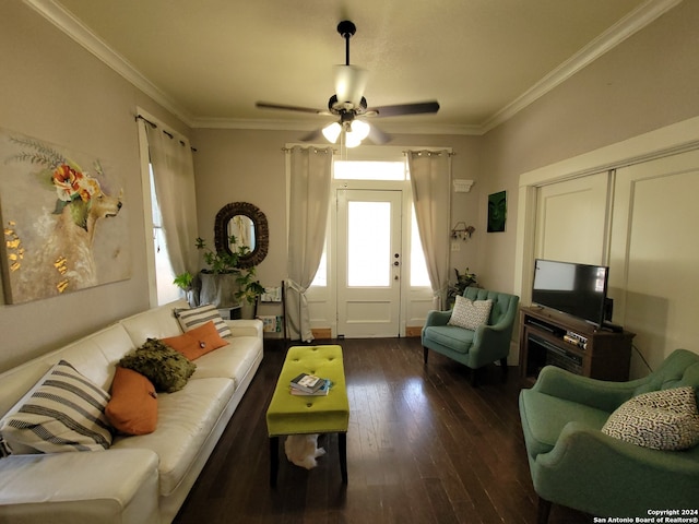 living room with dark hardwood / wood-style flooring, ceiling fan, and crown molding