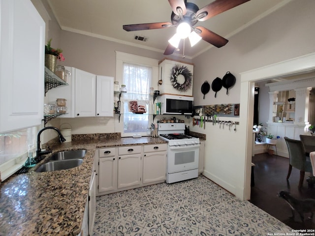 kitchen with ceiling fan, white appliances, sink, white cabinetry, and ornamental molding