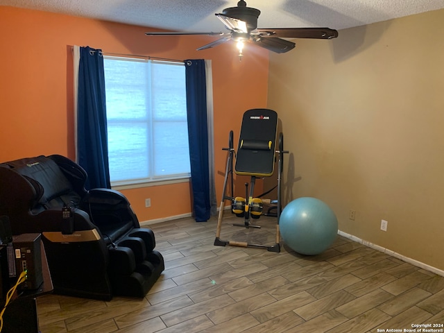 exercise area with plenty of natural light, ceiling fan, and a textured ceiling