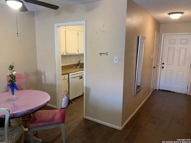 hallway with sink, a textured ceiling, and dark wood-type flooring