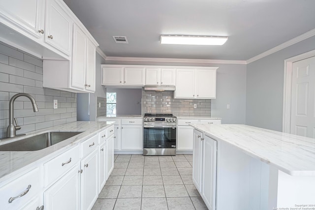 kitchen with sink, white cabinetry, crown molding, and stainless steel gas range