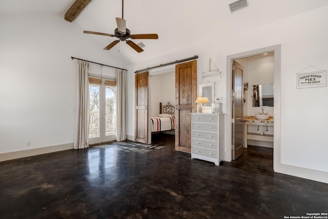 unfurnished bedroom featuring beamed ceiling, ceiling fan, and high vaulted ceiling