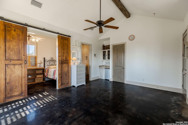 unfurnished bedroom featuring ceiling fan, beamed ceiling, and high vaulted ceiling