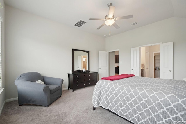 bedroom featuring visible vents, carpet flooring, a ceiling fan, and lofted ceiling