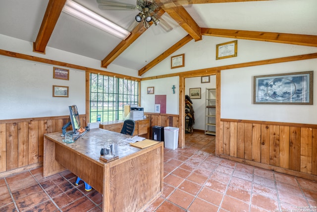 office area with lofted ceiling with beams, tile patterned floors, ceiling fan, and wood walls