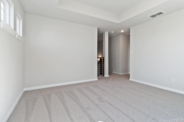 spare room with light carpet and a tray ceiling