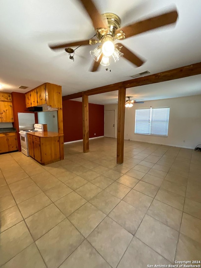 kitchen featuring ceiling fan, light tile patterned floors, and white electric range oven