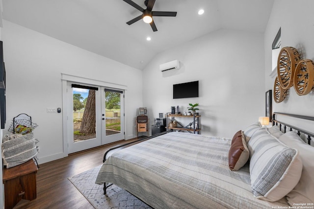 bedroom featuring an AC wall unit, wood finished floors, high vaulted ceiling, access to outside, and baseboards