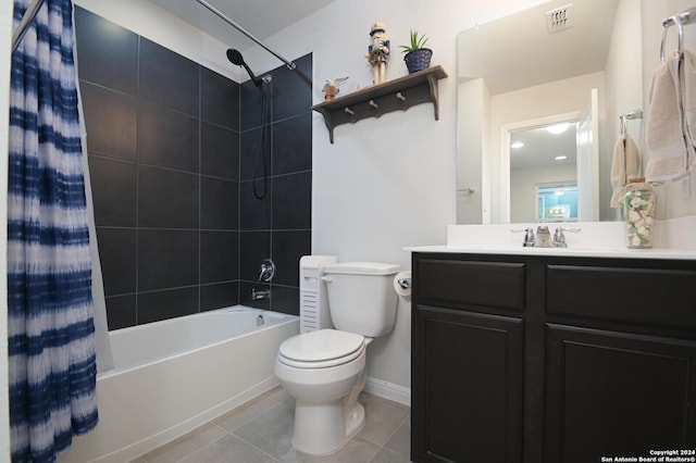 full bathroom with tile patterned flooring, vanity, toilet, and shower / bathtub combination with curtain