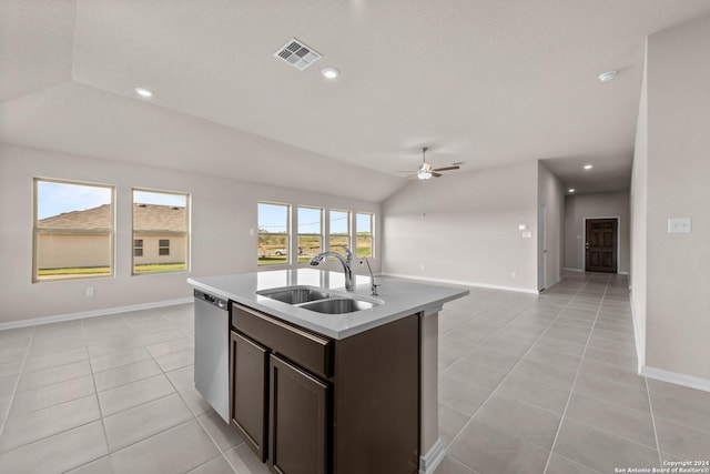 kitchen featuring visible vents, a sink, open floor plan, light countertops, and dishwasher