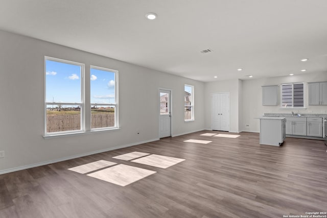 unfurnished living room with sink and dark hardwood / wood-style floors