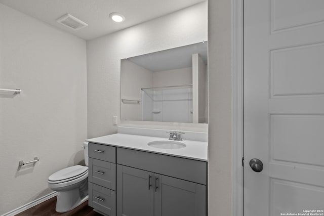 bathroom with vanity, toilet, and wood-type flooring