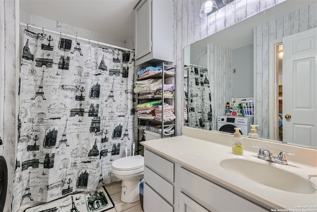 bathroom featuring tile patterned floors, a shower with curtain, vanity, and toilet