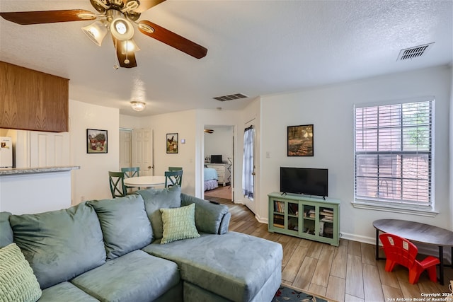 living room featuring ceiling fan, wood-type flooring, and a textured ceiling