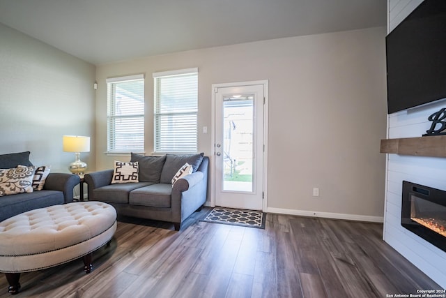 living room featuring dark hardwood / wood-style floors and a large fireplace