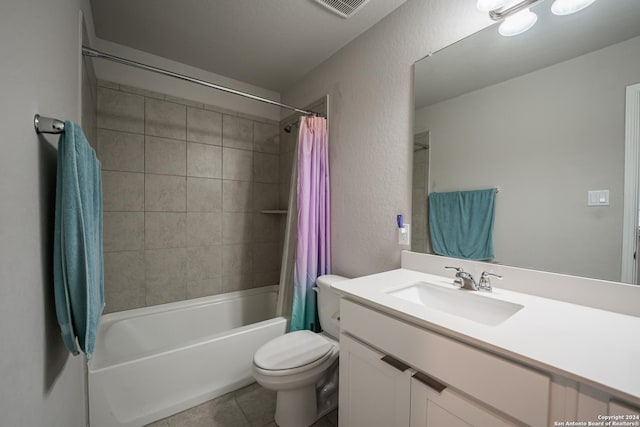 full bathroom with tile patterned flooring, vanity, toilet, and shower / tub combo with curtain