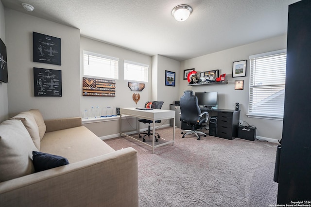 office featuring carpet flooring and a textured ceiling