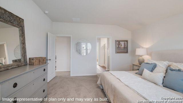 carpeted bedroom with lofted ceiling