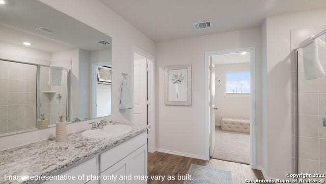 bathroom featuring walk in shower, vanity, and wood-type flooring