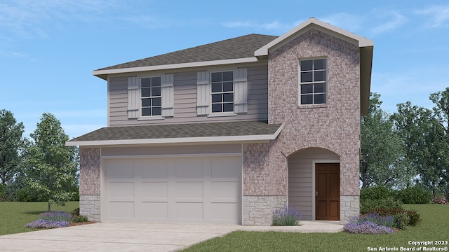 view of front facade with concrete driveway, roof with shingles, brick siding, and an attached garage