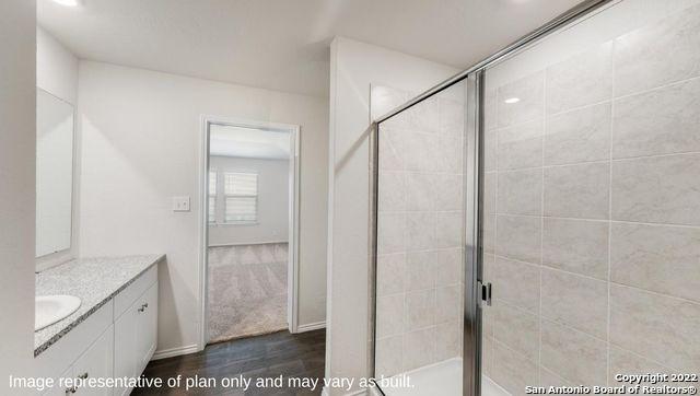 bathroom with vanity, a shower with shower door, and wood-type flooring