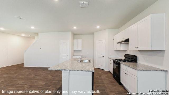 kitchen with sink, white cabinetry, light stone counters, black gas stove, and a kitchen island with sink