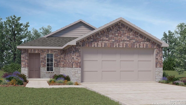 view of front of home with a garage, concrete driveway, roof with shingles, and stone siding