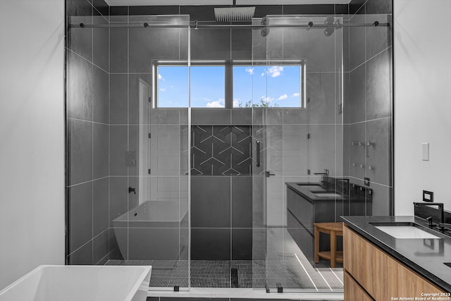 bathroom featuring vanity and a shower with door