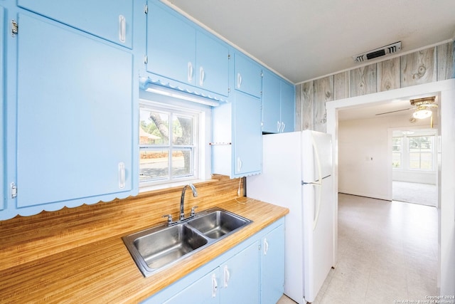 kitchen with blue cabinetry, sink, a wealth of natural light, and white refrigerator