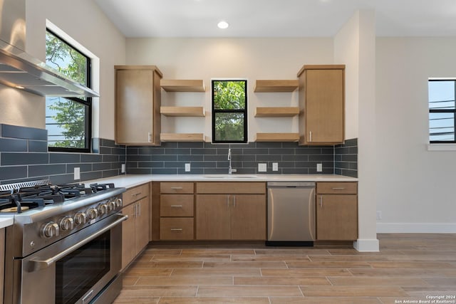 kitchen featuring a healthy amount of sunlight, light hardwood / wood-style floors, sink, and appliances with stainless steel finishes