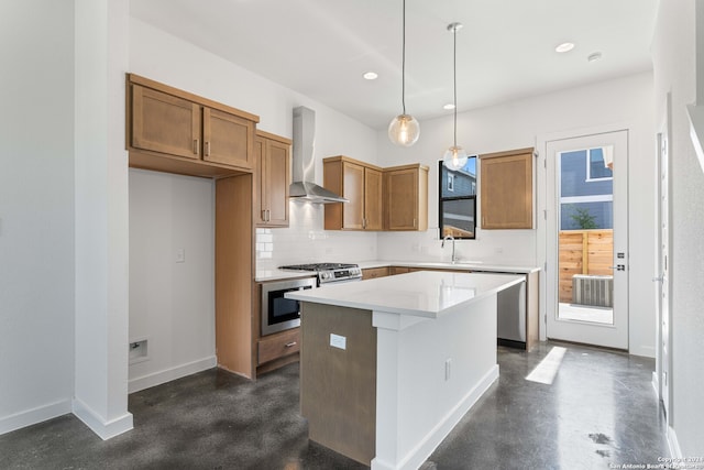 kitchen with stainless steel dishwasher, built in microwave, pendant lighting, wall chimney range hood, and a center island