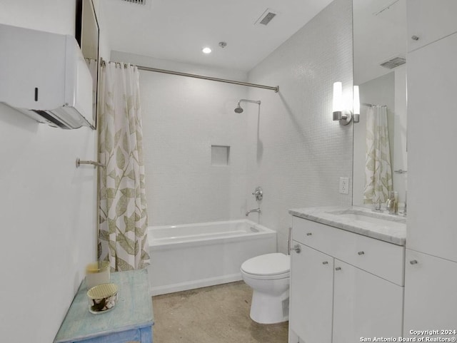 full bathroom featuring vanity, shower / bathtub combination with curtain, and toilet