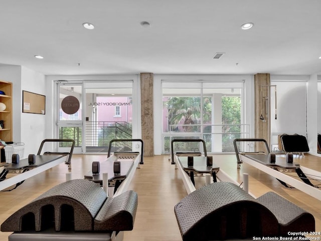 dining area with light hardwood / wood-style floors