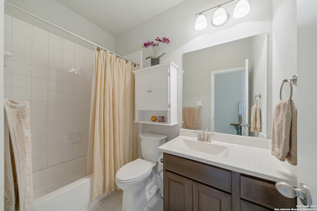 full bathroom featuring tile patterned flooring, shower / bath combination with curtain, vanity, and toilet