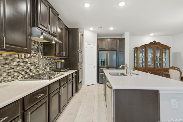 kitchen with decorative backsplash, a kitchen island with sink, sink, and appliances with stainless steel finishes