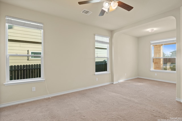 carpeted spare room with a wealth of natural light and ceiling fan