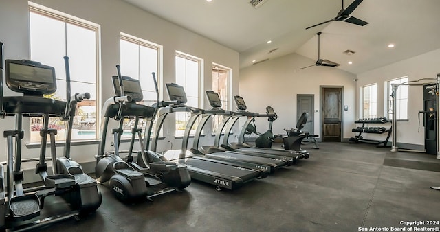 workout area with ceiling fan and lofted ceiling