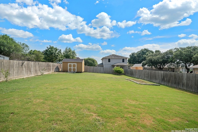 view of yard featuring a storage unit