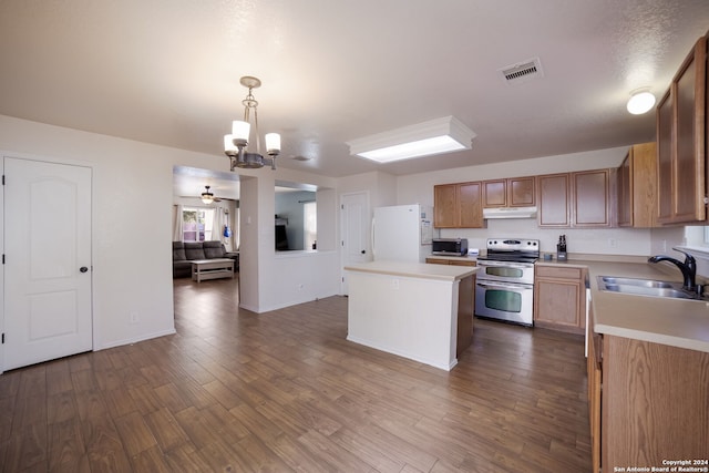 kitchen with sink, dark hardwood / wood-style flooring, pendant lighting, a kitchen island, and appliances with stainless steel finishes