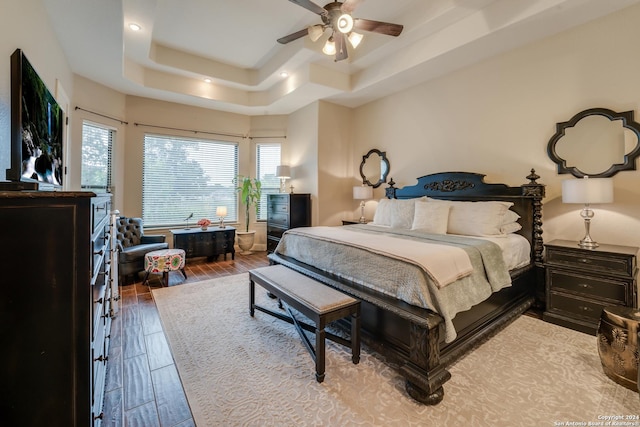 bedroom with a raised ceiling and ceiling fan