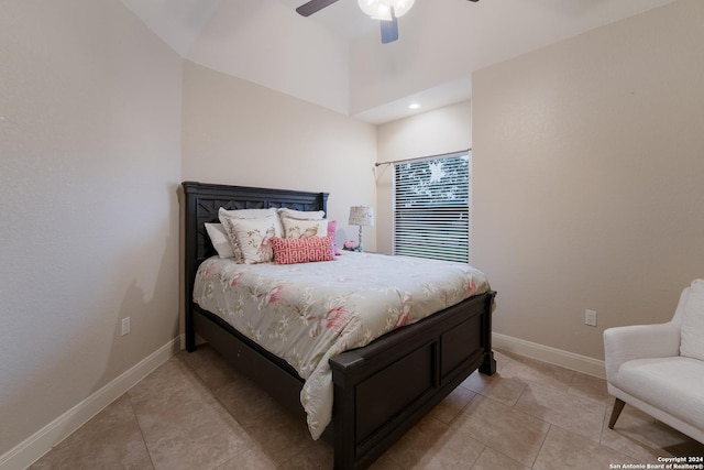 bedroom featuring ceiling fan and light tile patterned floors