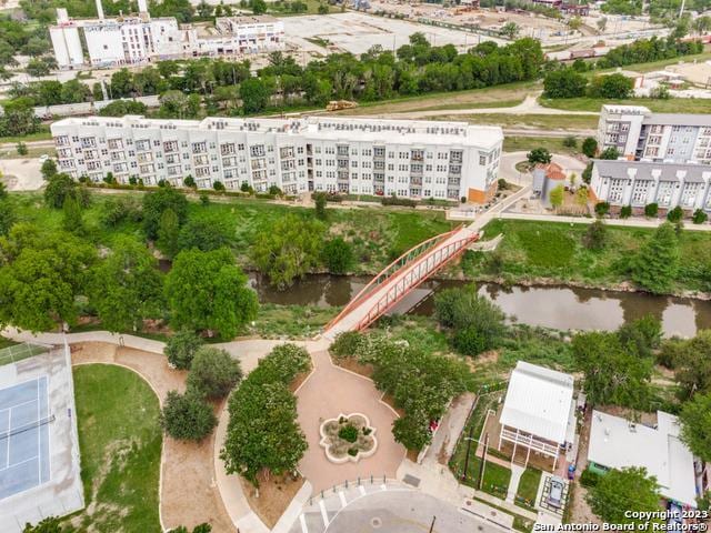 bird's eye view with a water view