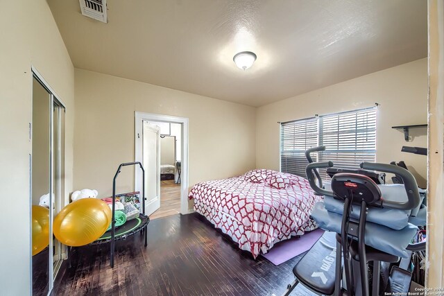 bedroom featuring dark wood-type flooring and a closet