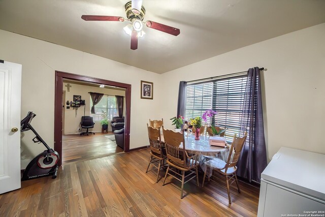 dining room featuring ceiling fan and hardwood / wood-style flooring