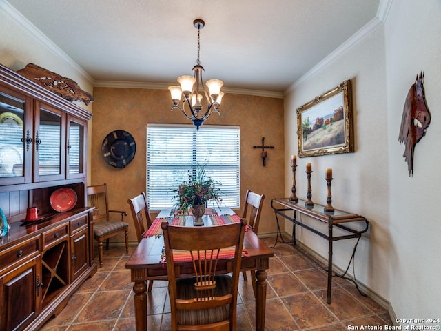 dining room with an inviting chandelier, baseboards, and ornamental molding