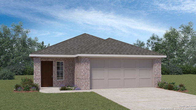 ranch-style home featuring a garage and a front yard