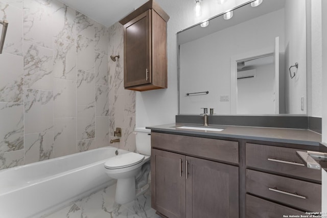 full bathroom featuring toilet, a wall unit AC, tiled shower / bath, and vanity