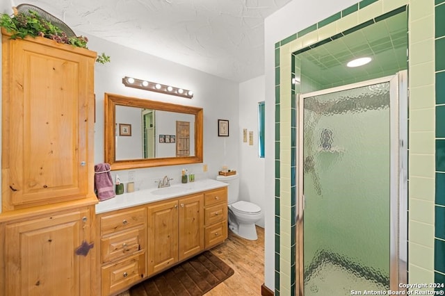 bathroom featuring hardwood / wood-style floors, vanity, a shower with door, and toilet