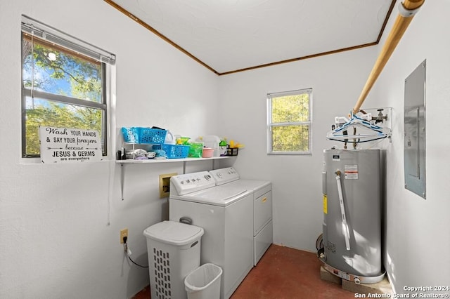 laundry area with washing machine and dryer, electric water heater, and ornamental molding