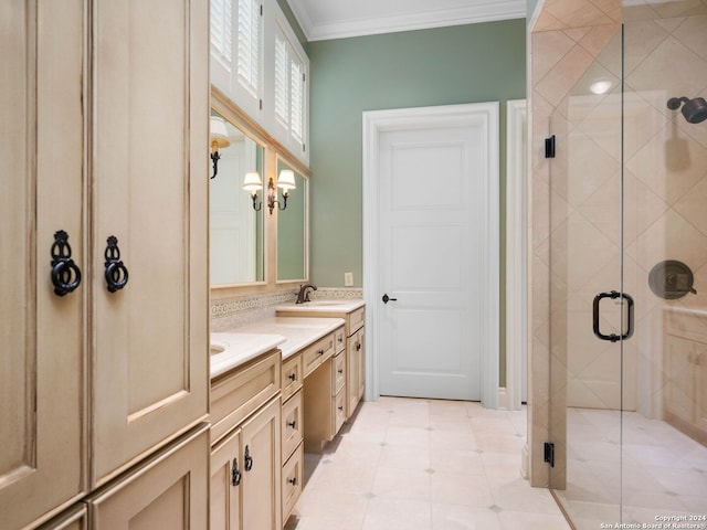 bathroom with vanity, walk in shower, and ornamental molding